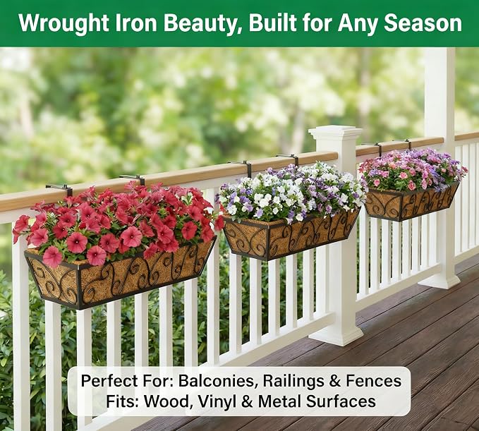 Y&M 30x7 Inch Black Outdoor Rectangular Window Box Planter - Rust Resistant Steel, Plastic Coated - Perfect for Railings, Walls, or Window Sills - Includes Coco Coir Liner