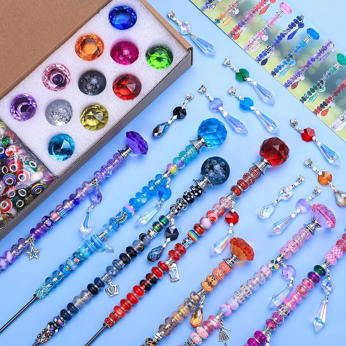AIPRIDY DIY Crystal Beaded Fairy Wand Garden Stakes Kit, Colorful Decorative Wands with Assembly Guide, 12 or 10 Inch Threaded Rods,Outdoor Garden Decoration Set (390, Rainbow+Mixed Top)