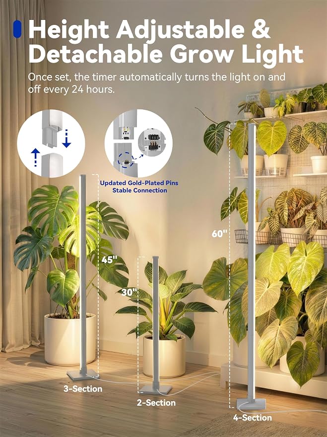 GLOWRIUM Grow Lights for Indoor Plants, 36W Vertical Plant Grow Lights with Auto-Timer, Full Spectrum LED Standing Plant Grow Light, 3 Light Modes, 6-Level Dimmable (60 in(Silver))