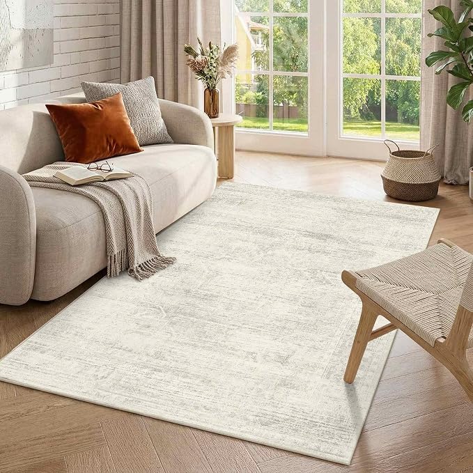 Latte&Fog Ivory 4x6 Area Rug Vintage Washable Small Neutral Rug for Laundry | Non Slip Low Pile Soft Floral Cute Carpet for Dining Kitchen Kids Playroom Nursery Guest Room Classroom Dorm Farmhouse Office