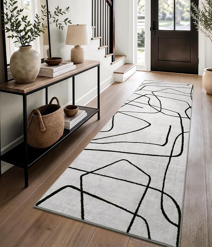 2x6 Washable Modern Black White Kitchen Runner Rug | Ultra-Thin Low Pile, Non-Slip TPE Backing, Soft Stain Resistant, Machine Washable, for Bedroom Livingroom High Traffic