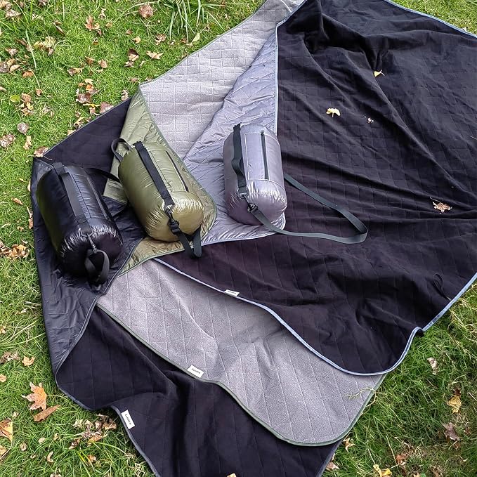 Large Outdoor Waterproof Blanket-Quilted Extra Thick Fleece Windproof Warm Includes Stuff Sack Shoulder Strap Machine Washable,55"x78"-Grey