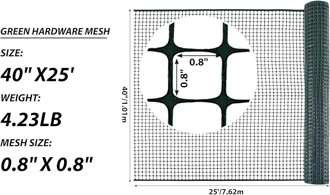 PotatoLife Plastic Hardware Mesh Netting, Garden Netting, Temporary Fence, Tree Guards, Safety Net for Balcony, Deck, Stair Railing, Animal Barrier, Poultry, Deer, with 50 Zip Ties, 40'' x 25', Green