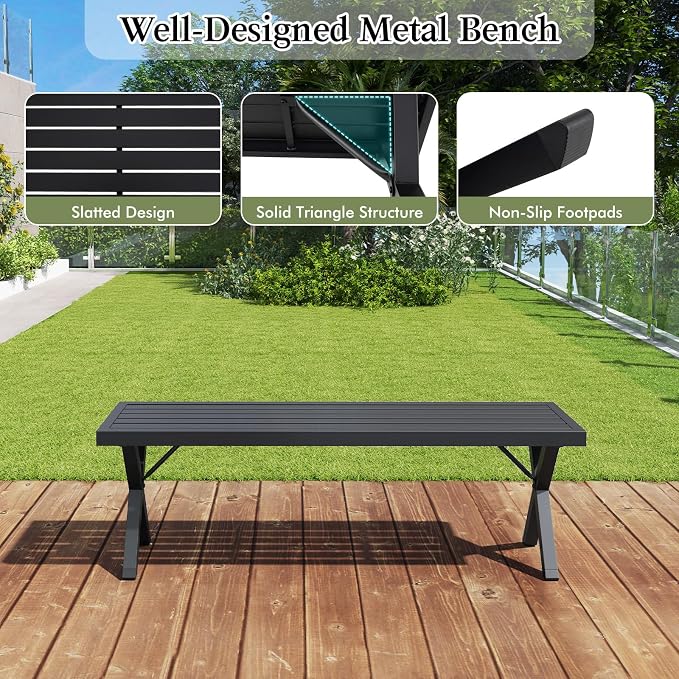 Giantex 54" Outdoor Bench, Metal Garden Bench with Slatted Seat, X-Shaped Legs, Heavy-Duty Patio Backless Loveseat, Load 800 LBS, 2-Person Park Bench for Lawn, Yard, Porch, Black