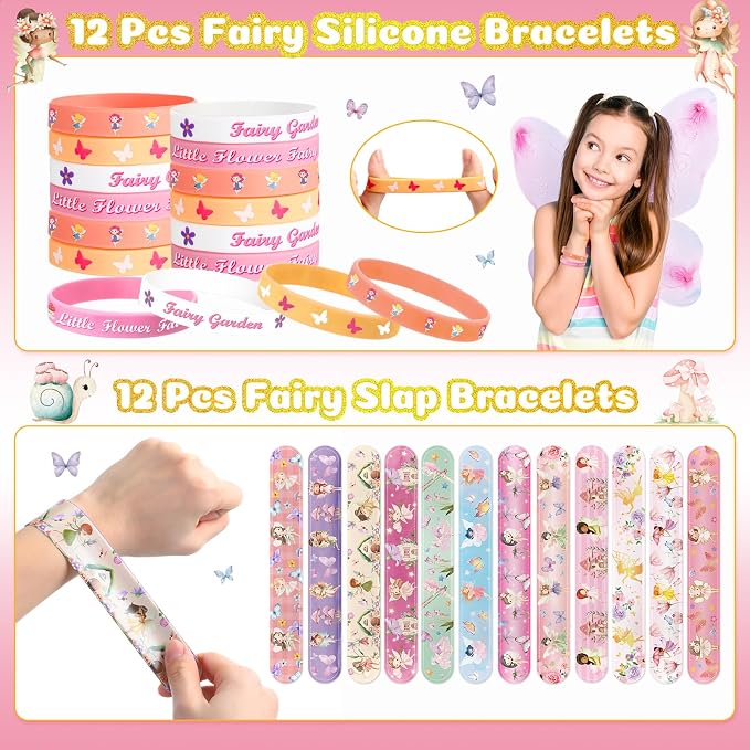 Funrous 122 Pcs Fairy Party Favors Bulk with Woodland Fairy Silicone Slap Bracelets Keychains Stickers Stampers Badges Gifts Bags for Fairytale Garden Forest Birthday Baby Shower Party Supplies