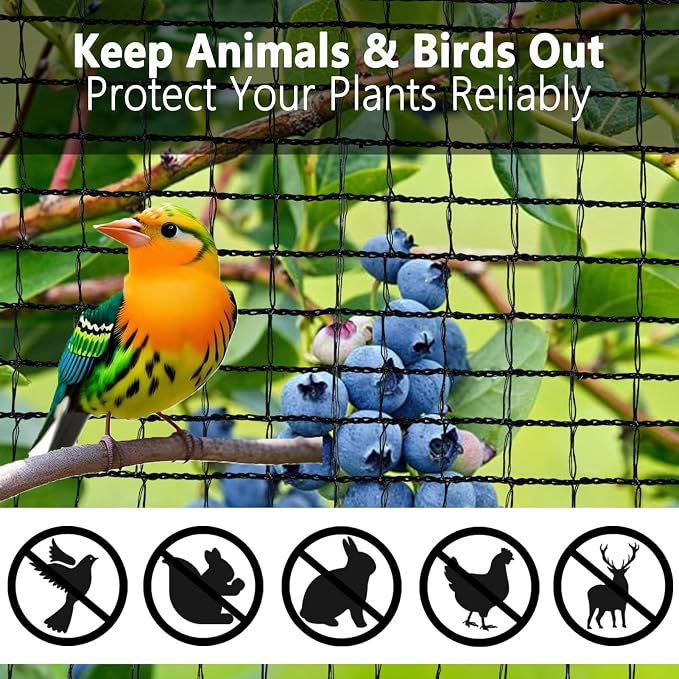 15x15 ft Bird Netting, 1/2-inch Square Mesh – Garden Netting Animal Barrier for Vegetables, Fruit Trees, Blueberry Bushes, Strawberries – Protects Against Birds, Deer, Chickens, Squirrels