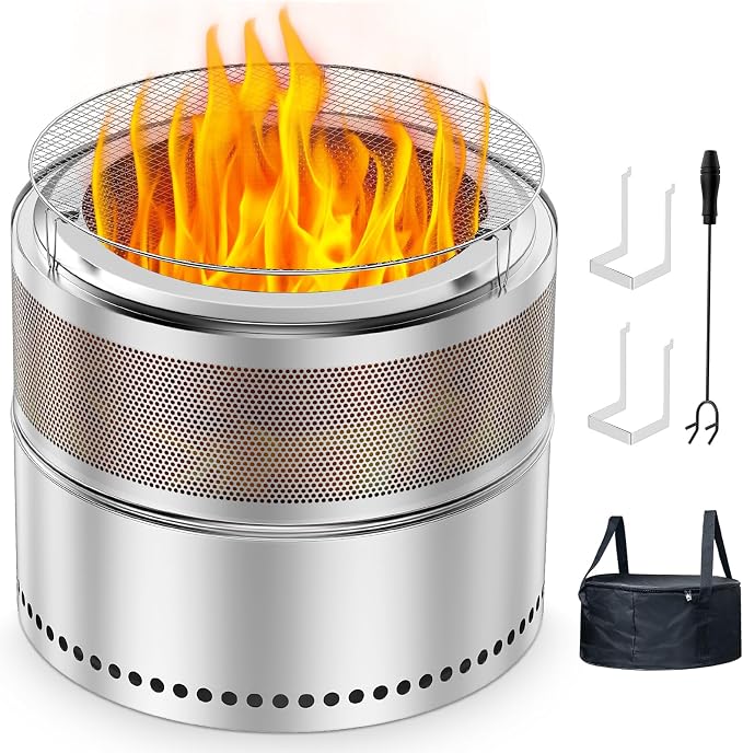 Smokeless Fire Pit Outdoor, 20 Inch Portable Stainless Steel Smokeless Firepit with Grill Grate, Ash Pan & Carry Bag, Low Smoke Wood Burning Fire Pits for Camping, RV, Patio, Compact Storage