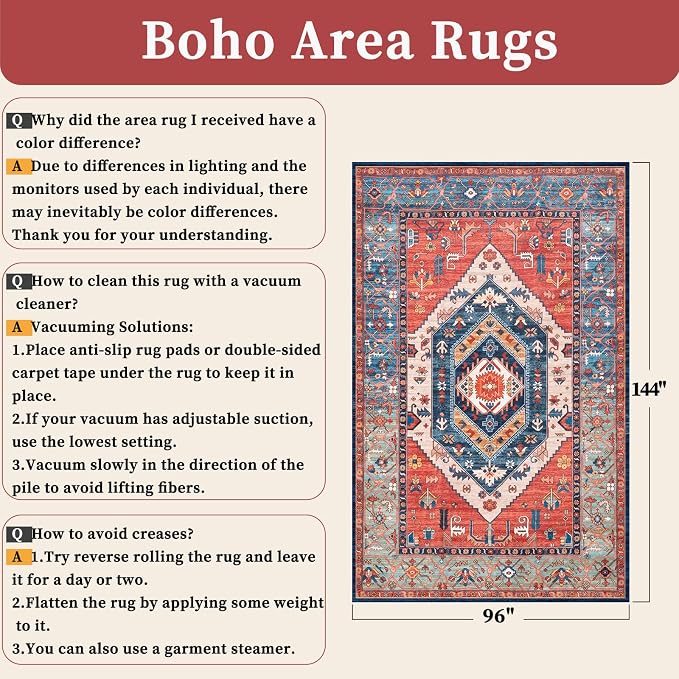 SERISSA 8x12 Washable Non Slip Boho Area Rug for Living Room，Rust | Ultra Soft Vintage Oriental Carpet Low-Pile Distressed Tribal Floor Carpet for Dining Room Bedroom Dorm Office Home Decor