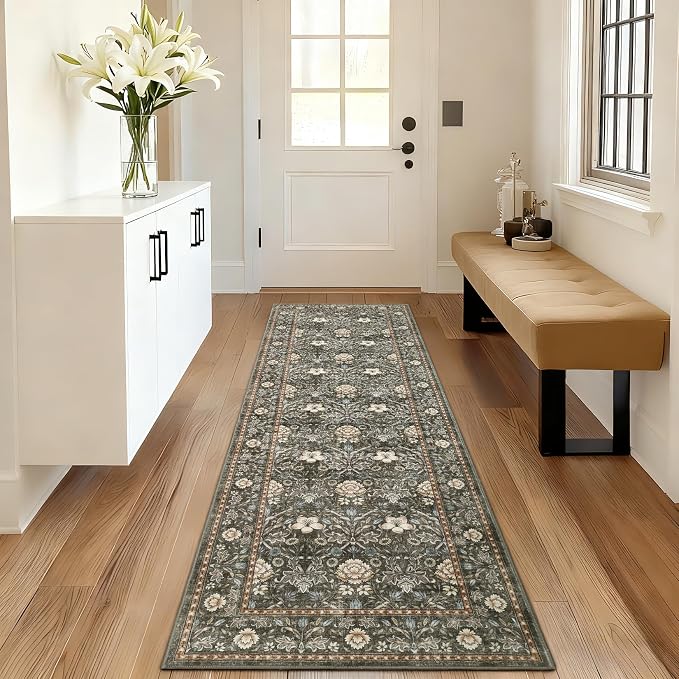 GarveeHome Washable Runner Rug 2x6, Non Slip Floral Kitchen Runner for Hallway Entryway Laundry Bathroom Mat Farmhouse Thin Stain Resistant Carpet for Bedroom Beside Rug