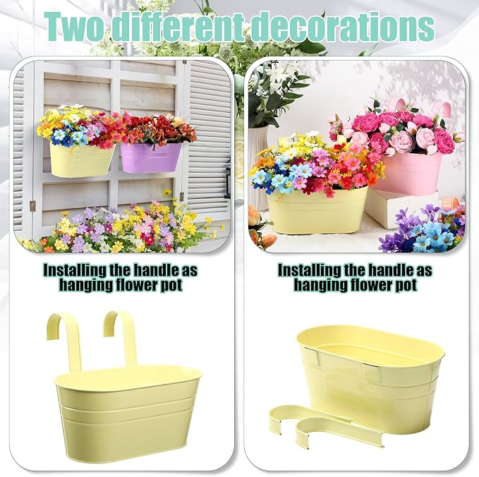 12 Pack Hanging Flower Pot Colorful Metal Iron Bucket Fence Hanging Planters with Detachable Hook Bucket Flower Holder for Railing Balcony Garden Yard Spring Decor (10.6X 5.5 x 4.7 in,Round)