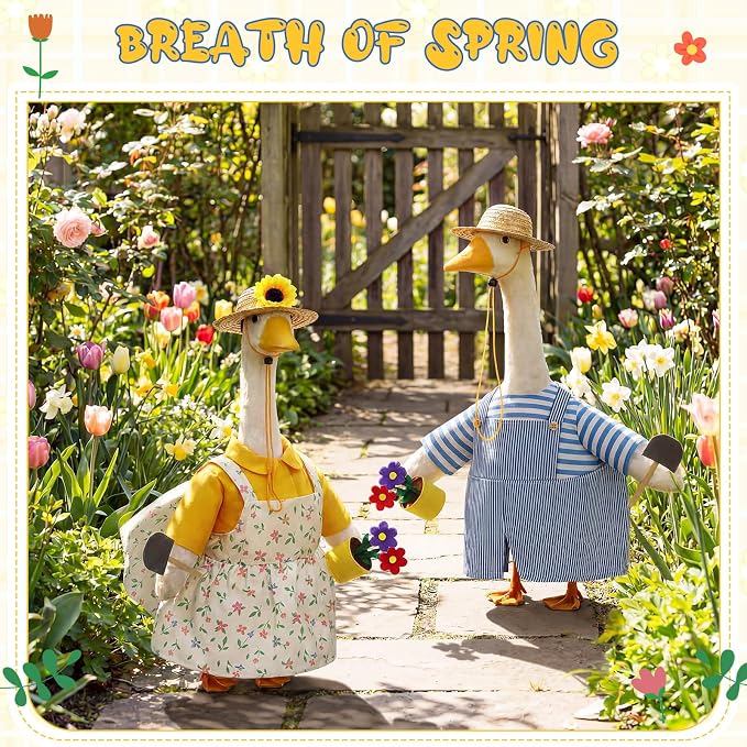 FuWeave 2 Set Porch Goose Outfit Spring Gardener Goose Clothes with Small Flower Pot for 23" Cement Outdoor Patio Yard Decor (Sunflower)