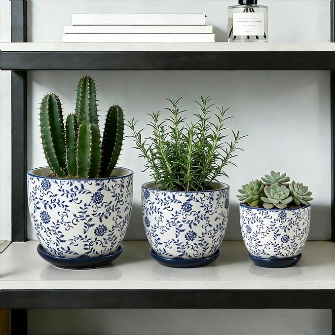Ceramic Plant Pots - 3.5+4.6+5.6 Inch Flower Pots with Drainage Holes and Saucers - Planters for Indoor Plants Orchid, Herbs, Succulent, Cactus, Home Decor, Set of 3, Vintage Blue, Floral