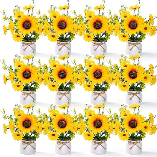 Zeyune 12 Pcs Sunflower Potted Plants Rustic Summer Spring Kitchen Wedding Table Centerpieces Silk Yellow Fake Flower with Plastic Pot for Home Bathroom Office (White,Daisy)