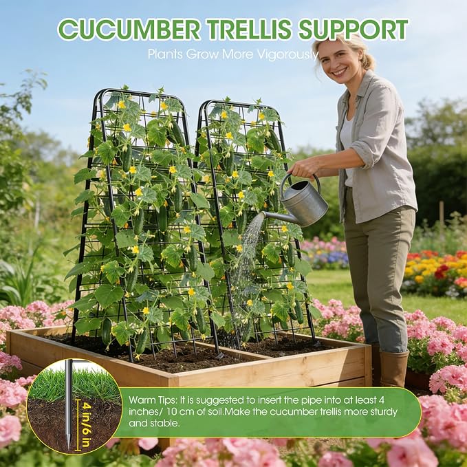 Heavy Duty Cucumber Trellis，50"x17" Adjustable A-Frame Trellis for Climbing Plants，100%Metal Mesh Design,Rust-Proof and UV-Resistant，Garden Trellis for Cucumber Beans and Vine Type Plants.Black &1Pcs