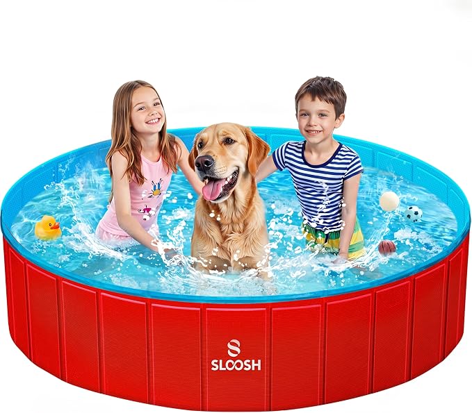 SLOOSH Foldable Dog Kiddie Pool - Portable Hard Plastic Doggie Swimming Pool, Anti-Slip Collapsible Pets Bath Tub Suitable for Kids Toddler Indoor Outdoor Backyard Use (Red, 63" x 12")