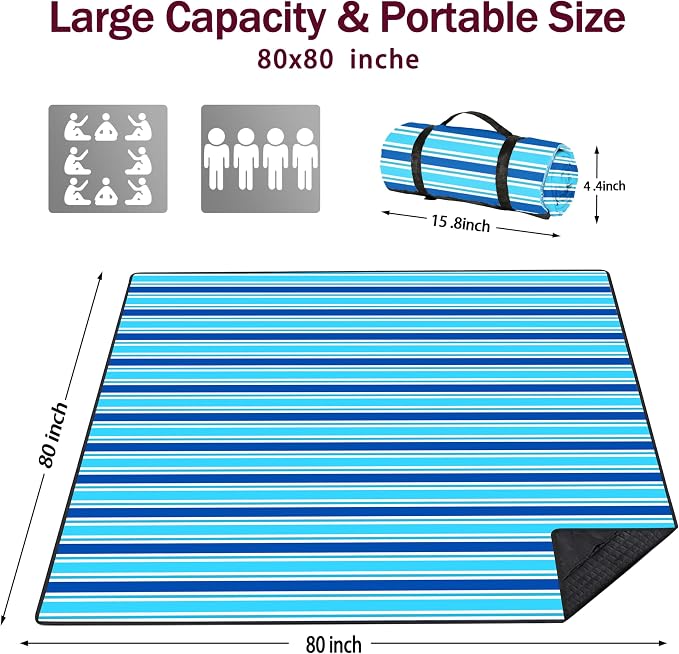 Picnic Blankets Beach Blanket 80" X 80" Extra Large Waterproof Camping Blankets Portable Outdoor Mat 3-Layer Blanket for Beach, Hiking, Park, Music Festival, Grass Lawn,Travel