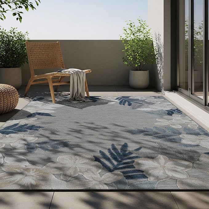 Outdoor Rug 9x12 Washable Area Rugs Indoor Outdoor Carpets Blue Border Floral Non Shedding Waterproof Easy Clean Patio Deck Porch Living Room Bedroom Garden RV (9 X 12 Blue)