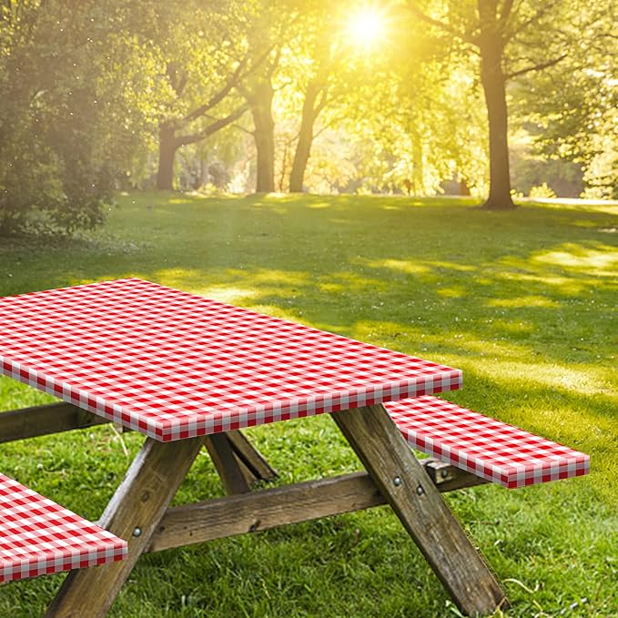 8ft Picnic Table and Bench Cover, Camping Essentials RV Gear, 96 in Waterproof Windproof Outdoor Elastic All Around Tablecloth, Fitted Rectangle Tables and Seats, Red-White Checkered