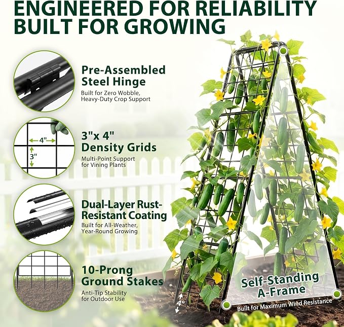 Heavy Duty 50"x17" Adjustable A-Frame Trellis for Climbing Plants Outdoor, Metal Rust-Proof Garden Trellis, Dense Grid Climbing Frame Trellis for Raised Beds, Cucumber, Tomatoes Outdoor (1 Pack)