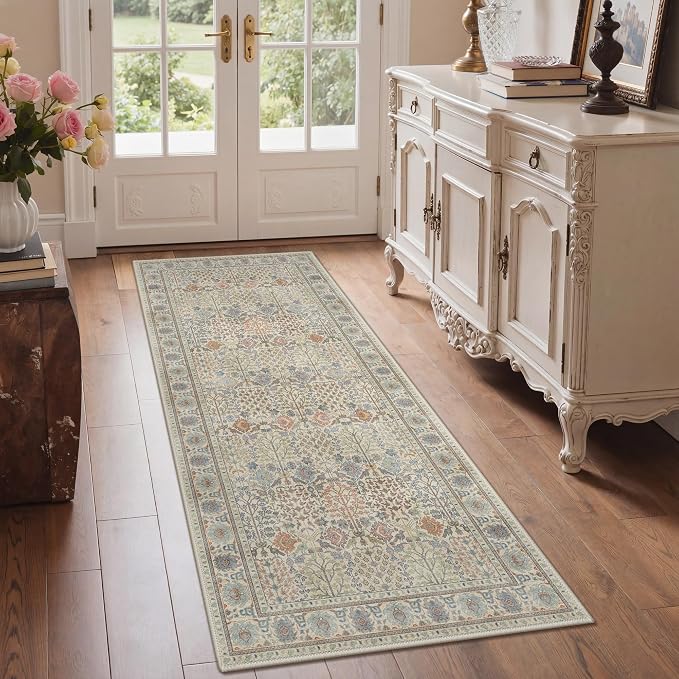 2.5x6 Kitchen Runner Rug, Washable Non Slip, Earth Yellow | Vintage Floral Design, Spill Resistant Lightweight Low Pile Carpet for Hallway, Bedroom, Laundry Room, Bathroom