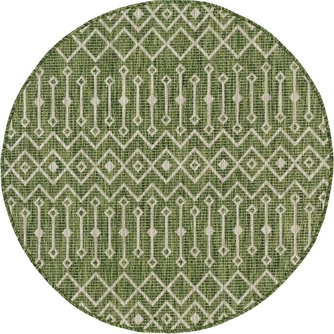 Unique Loom Outdoor Trellis Collection Area Rug - Tribal Trellis (5' 3" Round, Green/ Natural)