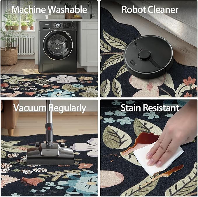 DCX Vintage Floral Washable Area Rug 2x3, Non Slip Low Pile Rug, Black | Rugs for entryway, bedroom, dining room, office, soft, kid & pet friendly, sain resistant indoor carpet, home decor