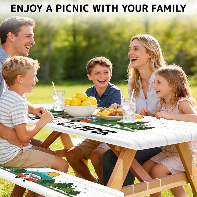 Picnic Table Cover with Bench Covers Elastic Edges, 3 Pcs Forest Fitted Table Cover with Drawstring Bag, Waterproof Windproof Aesthetic Camping Tablecloth, Outdoor Camping Essentials 72 Inch