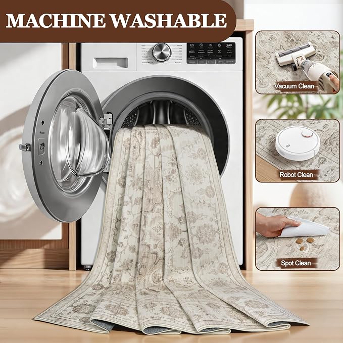 Washable 6x9 Area Rugs for Living Room Beige White Non-Slip Rug | Vintage Medallion Rug，Soft Low Pile Large Rugs，Indoor Retro Carpet for Bedroom Nursery Dining Table Farmhouse Home Office