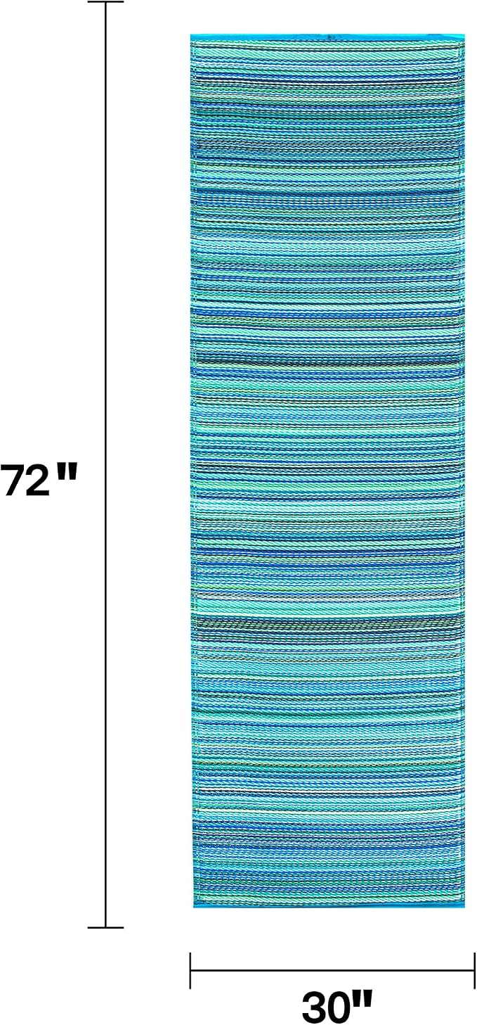 Fab Habitat Outdoor Rug - Waterproof, Fade Resistant, Crease-Free - Premium Recycled Plastic - Striped - Porch, Deck, Balcony, Hallway, Poolside - Cancun - Turquoise & Moss Green - 2.5 x 8 ft Runner