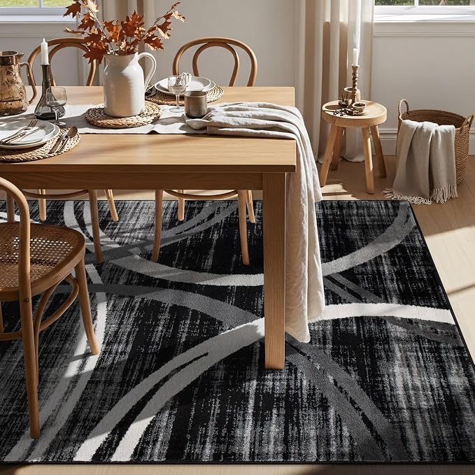 Rugshop Wavy Circles Modern Jute Backing Area Rug Black 7'10" x 10'2" | High Traffic,Fade Resistant, Living Room, Bedroom, Dining Room, Large Areas,Basement,Open Spaces,Kitchen,Oversized Area Rug