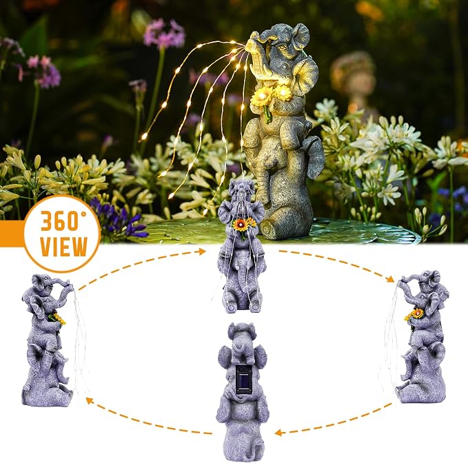 Pohabery Solar Garden Decor Elephant Statue Outdoor, Luck Triple Elephant Decorations for Yard Porch Lawn Patio - Ideal Gifts for Women Mom Grandma Senior Elder or Birthdays 12"