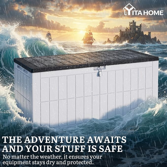 YITAHOME 134 Gallon Large Outdoor Storage Box with Lock | Waterproof Resin Deck Box w/Hydraulic Piston for Garden Tools, Pool Accessories & Cushions(Black & Grayish-White)