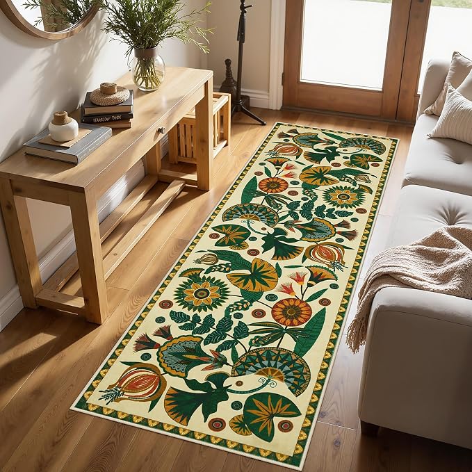 Joydeco Egypt Floral Washable 2.6x8 Runner Rug for Hallway Entryway Kitchen | Boho Botanical Colorful Non Slip Stain Resistant Low Pile Flower Indoor Carpet Runner for Entry Laundry Room Bathroom, Beige