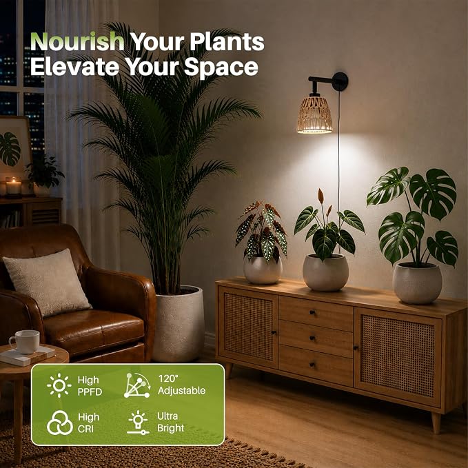 Boho Wall Mounted Grow Light for Indoor Plants, 18W Full Spectrum Hanging Plant Light with 5000K & 3 Dimmable Levels, Decorative Grow Light for Tall Plants & Flowers, 9.8ft Cord