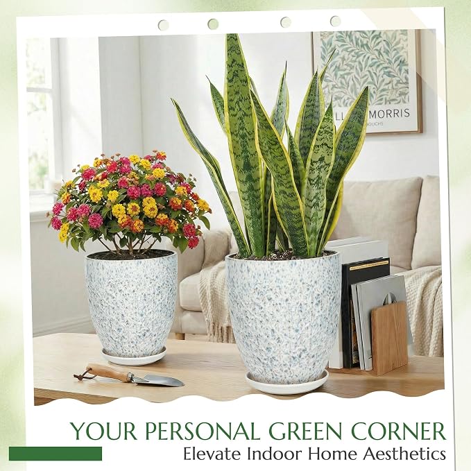 9.5 Inch Flower Pots for Indoor Plants,Ceramic Planter with Saucer Drainage Leak-Proof Mesh Gardening Gloves (Spotted Blue)
