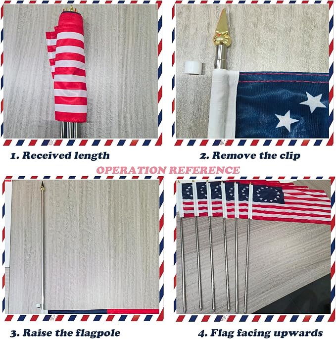 Betsy Ross Flags on Stick 6-Pack, 12x18 Inch 13 Star American Handheld Flag with Stainless Steel Telescopic Pole, Small USA Flags for 250th Anniversary July 4th Parade Patriotic Decorations