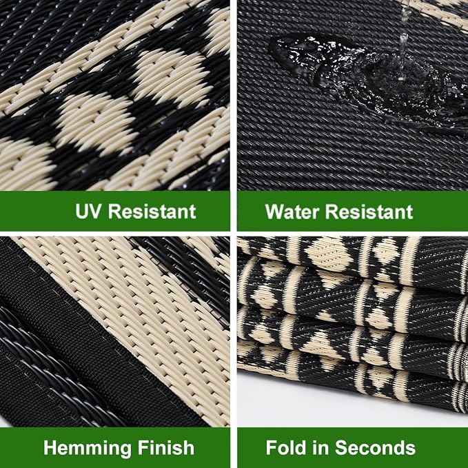 RURALITY Outdoor Rugs 8x10 Waterproof for Patios Clearance,Plastic Straw Mats for Backyard,Porch,Deck,Balcony,Black and Beige