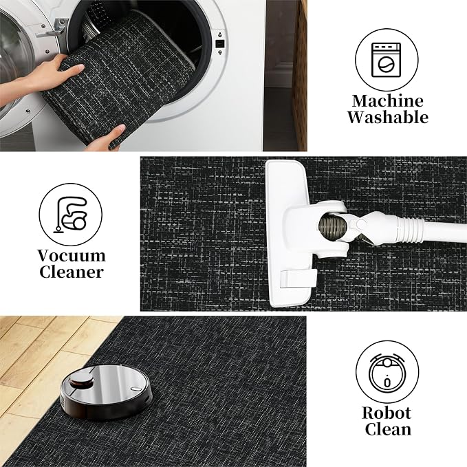 Garvee Washable Rugs 8x10 Solid Color Area Rugs for Living Room, Black | Modern Textured Non Slip Backing Low Pile Non Shedding Stain Resistant Neutral Rug for Dining Room Nursery Bedroom