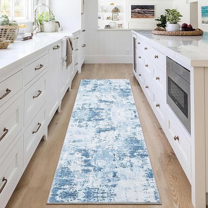 ROYHOME 2x6 Modern Abstract Runner Rug for Hallway Kitchen Bathroom, Blue | Non Slip Soft Stain Resistant Low Pile Machine Washable Non Shed Rug