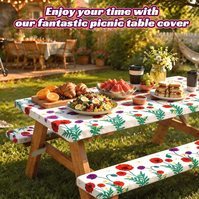 NUOLAN 6FT Picnic Table Cover with Bench Covers, Corn Poppy Print Windproof Waterproof Fitted Picnic Table with Elastic for Picnic, Camping, Outdoor