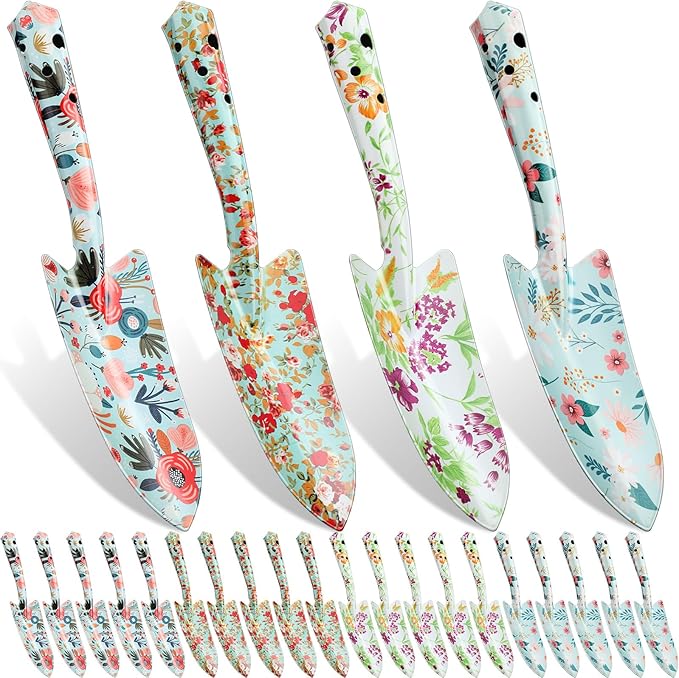 48 Pcs Floral Garden Shovels Bulk Gardening Gift for Women Heavy Duty Metal Garden Tools Floral Hand Shovel Planting for Summer Employees Birthday Thank You Gifts (Green Watercolor Flowers)