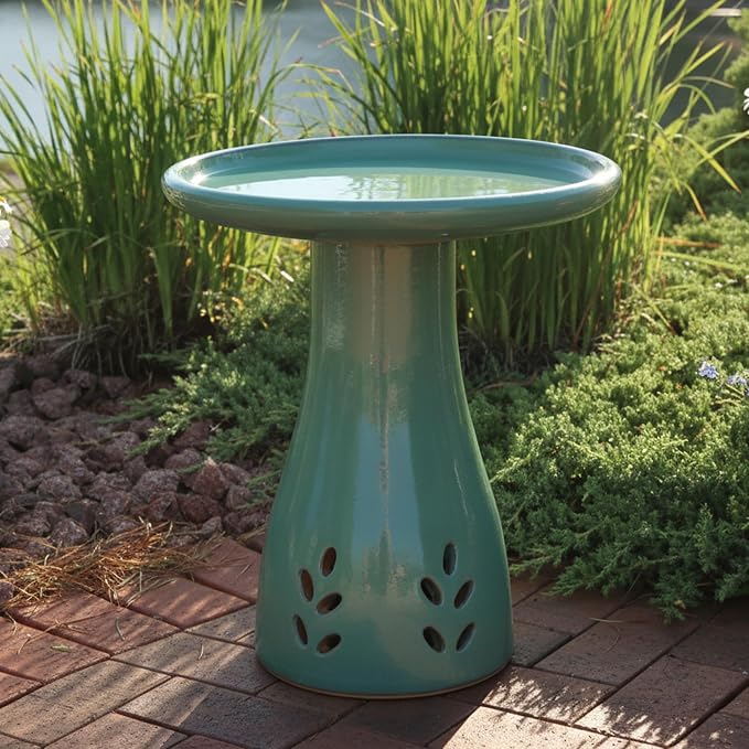 Sunnydaze 21" H Ceramic Bird Bath for Outside - Hand-Painted Outdoor Bird Bath Bowl, UV/Frost-Resistant Finish - Seafoam