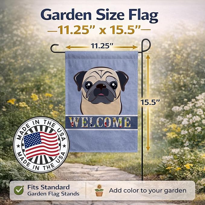 Caroline's Treasures BB1448GF Fawn Pug Welcome Garden Flag, Blue Mailbox Flag Decorative Yard Flag Banner Outside Patio Artwork Yard Flower Beds, Garden Size, Multicolor