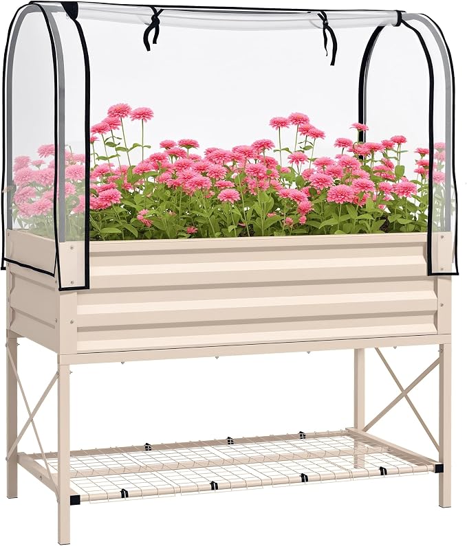 Outsunny Raised Garden Bed with Cover and Storage Shelf, Rectangular Metal Elevated Planter Box with Legs and Bed Liner for Vegetables, Flowers, Herbs, Cream