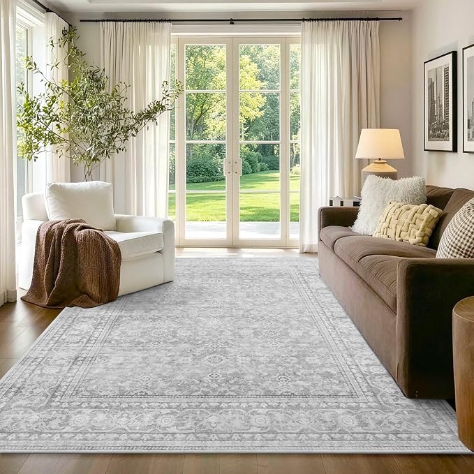 4x6 Ft Area Rugs for Living Room, Soft Non-Slip Machine Washable Rug, Vintage Stain Resistant Carpets for Bedroom Nursery Dining Room Home Decor (Grey)