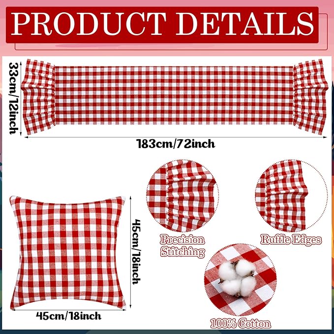 Extra Large Outdoor Boho Picnic Blanket Set with Plaid Table Runner, 6 Pillow Covers 6 Napkins, 91x71 Inch Oversize Woven Cotton Machine Washable Beach Mat for Camping Wedding Picnic