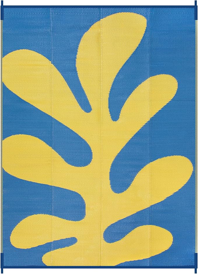 Lahome Sea Coral 9x12 Picnic Beach Rug, Reversible Outdoor Pool Rv Camping Rug, Waterproof Plastic Straw Blue and Yellow Mats for Outside Camping Patio Deck, Blue 9'x12'