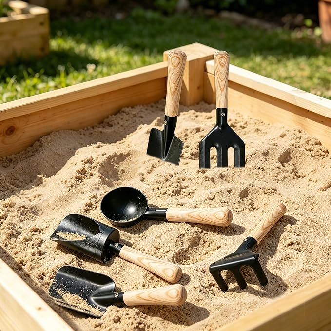 6PCS Black Kids Gardening Tools- Metal Head & Wood Handle- 8" Long Mini Rake & Shovel, Spoon & Fork- Funny Outdoor Play for Garden, Yard, Beach, Sand Box- Montessori Toys for Learning Plant, Digging