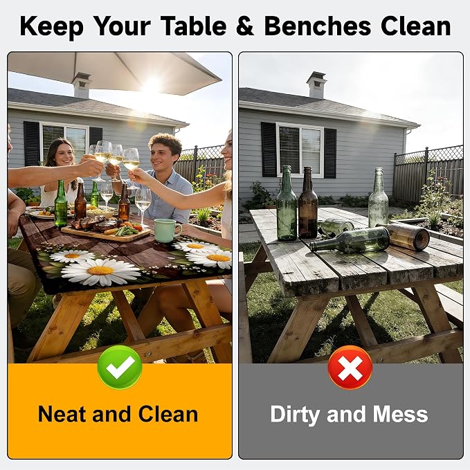 NYZE 3 Pieces Picnic Table Cover with Bench Covers Set, Camping Tablecloth, Tablecloth Cover with Drawstring Bag, Camping Essentials for Outdoor Picnics, Patio, BBQ (Wood Daisy)