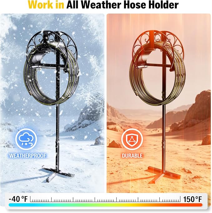 Garden Hose Holder with 50ft Kink Free Water Hose Kit, Metal Heavy Duty Freestanding Garden Hose Hanger Storage Stand, Hose Storage for Outside Yard Lawn Farm, Outdoor Organizer